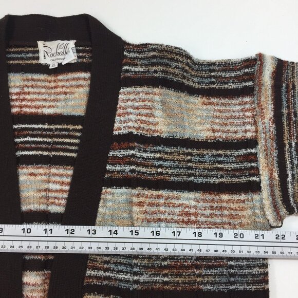 Vintage Rochelle Womens Cardigan Wrap Sweater Brown Striped Cream Blue Size XL - Picture 9 of 10